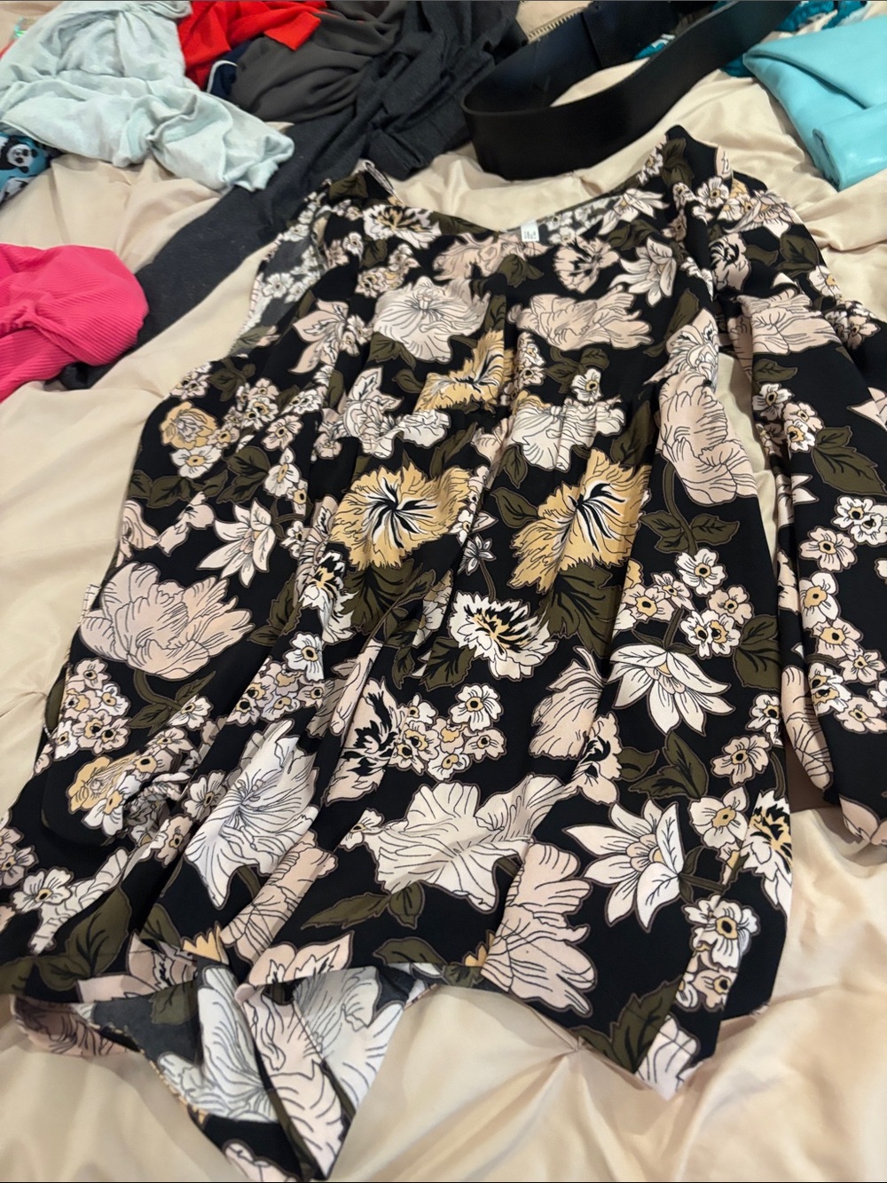 Leith Black Floral Jumpsuit with Cream & Olive Accents